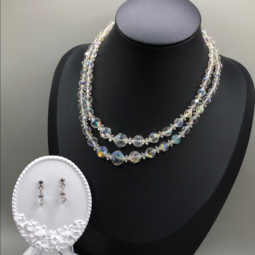Ab Aurora Borelias Double Layer Choker Collar Necklace Sterling Earrings Vintage